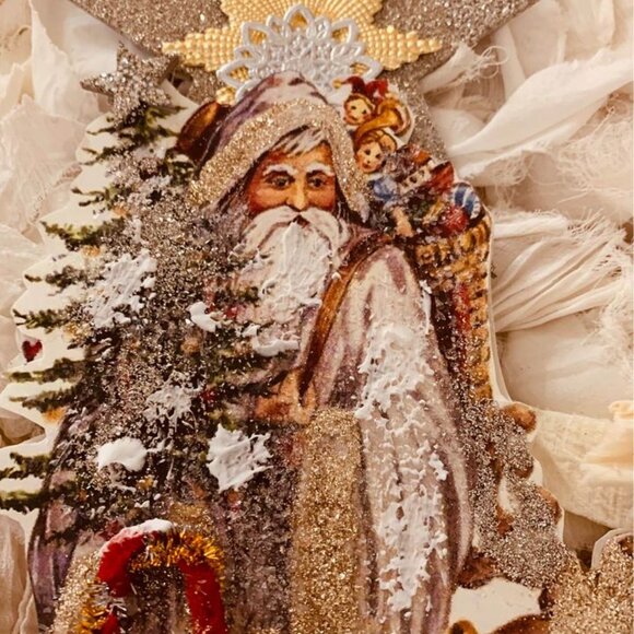 SANTA CLAUS*ST. NICHOLAS*CHRISTMAS DRESDEN VICTORIAN ORNAMENT*ELVES REINDEER WOW - Picture 5 of 6